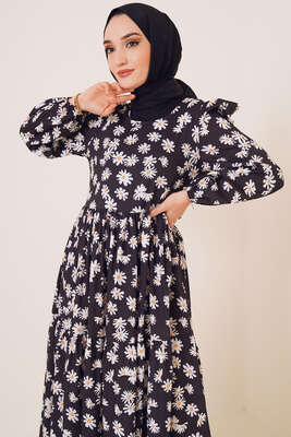 Papatya Desenli Terikoton Elbise Siyah - Tesettür Elbise