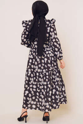 Papatya Desenli Terikoton Elbise Siyah - Tesettür Elbise