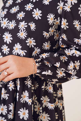 Papatya Desenli Terikoton Elbise Siyah - Tesettür Elbise