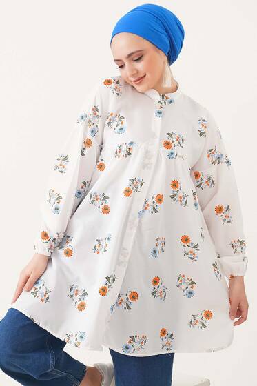 Papatya Desenli Uzun Gömlek Oranj - Gömlek