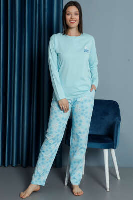 Papatya Desenli Uzun Kol Pijama Takımı Mint - Kadın Pijama Takımı