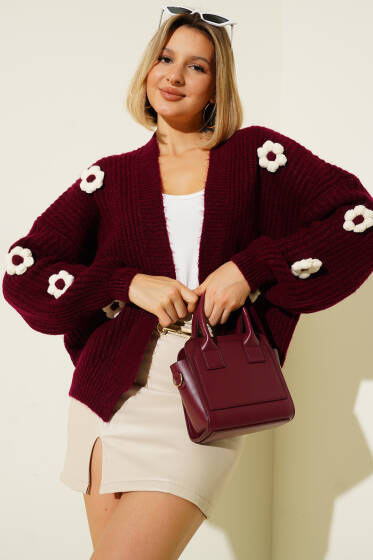 Papatya Detaylı Yumoş Hırka Bordo - Kadın Giyim Modelleri