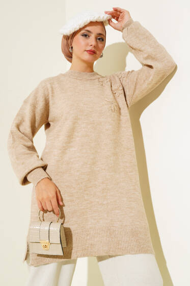 Papatya Detaylı Yumoş Triko Tunik Büsküvi - Tunik