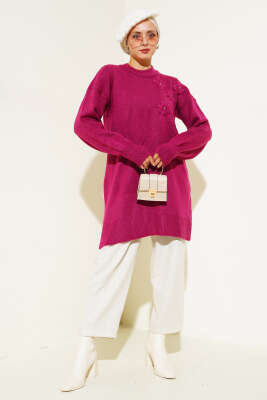 Papatya Detaylı Yumoş Triko Tunik Menekşe - Triko Tunik