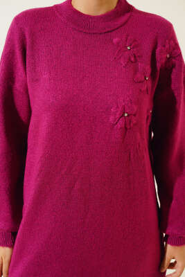 Papatya Detaylı Yumoş Triko Tunik Menekşe - Triko Tunik