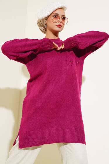 Papatya Detaylı Yumoş Triko Tunik Menekşe - Tunik