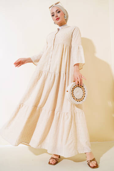 Papatya İşlemeli Elbise Bej - Tesettür Elbise