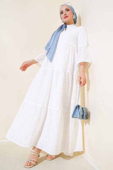 Papatya İşlemeli Elbise Ekru - Tesettür Elbise