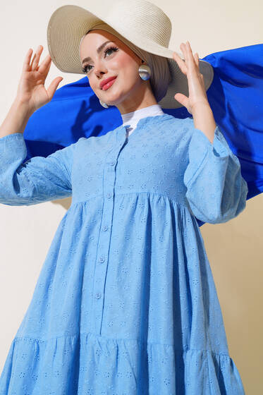 Papatya İşlemeli Elbise Mavi - Tesettür Elbise