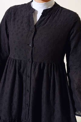 Papatya İşlemeli Elbise Siyah - Thumbnail