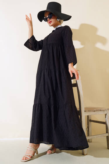 Papatya İşlemeli Elbise Siyah - Tesettür Elbise