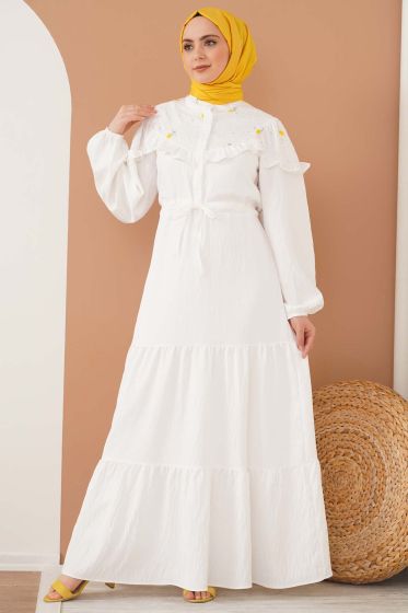 Papatya İşlemeli Fırfırlı Elbise Ekru - Tesettür Elbise