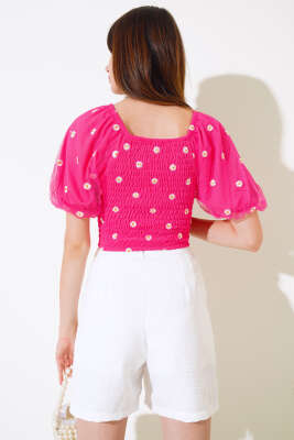 Papatya Nakışlı Kayık Yaka Bluz Fuşya - Kadın Giyim Modelleri