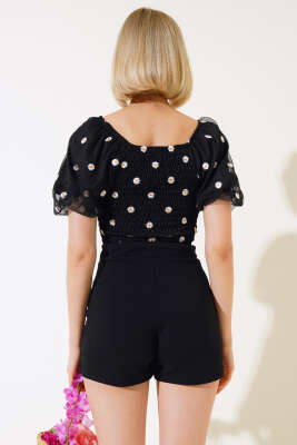 Papatya Nakışlı Kayık Yaka Bluz Siyah - Kadın Giyim Modelleri