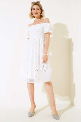 Papatya Nakışlı Midi Elbise Beyaz - Kadın Giyim Modelleri