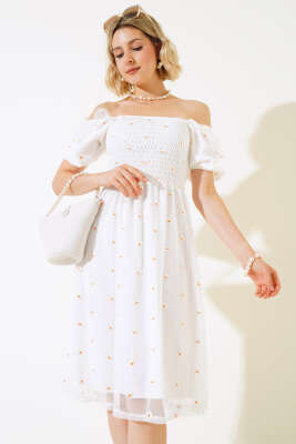Papatya Nakışlı Midi Elbise Beyaz - TOP SHOW