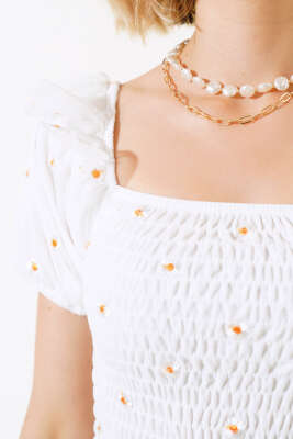 Papatya Nakışlı Midi Elbise Beyaz - Kadın Giyim Modelleri