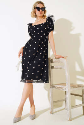 Papatya Nakışlı Midi Elbise Siyah - Kadın Giyim Modelleri