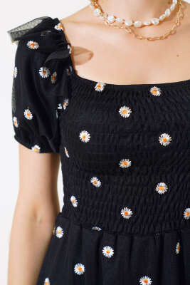 Papatya Nakışlı Midi Elbise Siyah - Kadın Giyim Modelleri