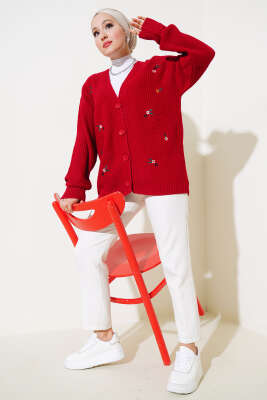 Papatya Nakışlı Örgü Triko Hırka Kırmızı - Triko Hırka