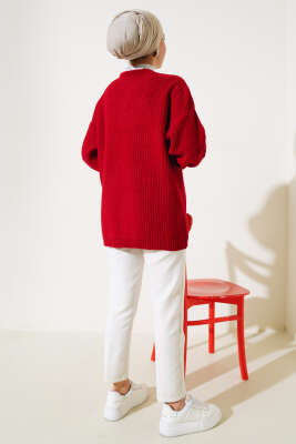 Papatya Nakışlı Örgü Triko Hırka Kırmızı - Triko Hırka