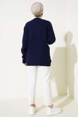 Papatya Nakışlı Örgü Triko Hırka Lacivert - Triko Hırka