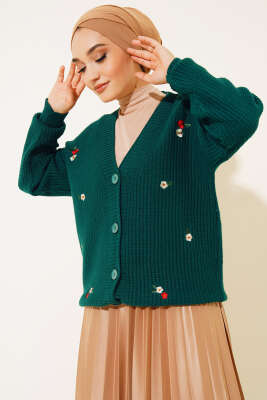 Papatya Nakışlı Örgü Triko Hırka Nefti - Triko Hırka