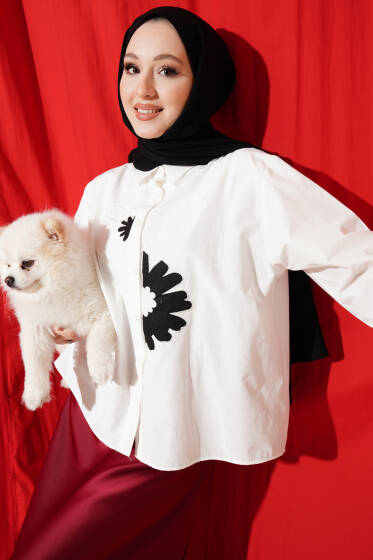 Papatya Nakışlı Oversize Gömlek Beyaz - Gömlek