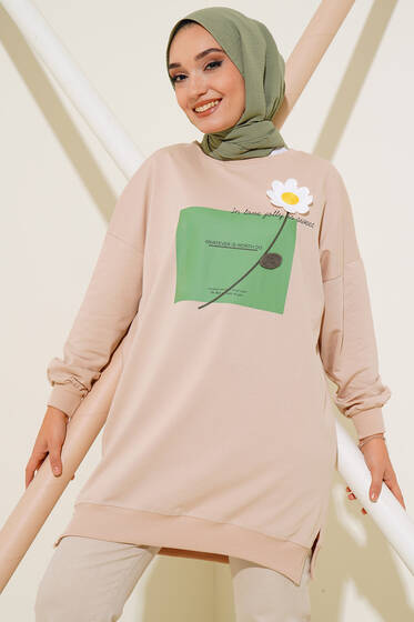 Papatya Süslemeli Tunik Bej - Tunik