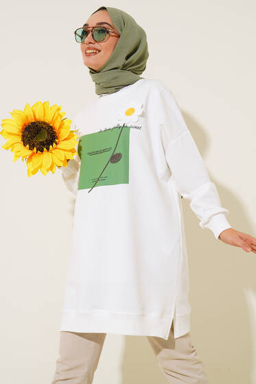 Papatya Süslemeli Tunik Beyaz - Tunik