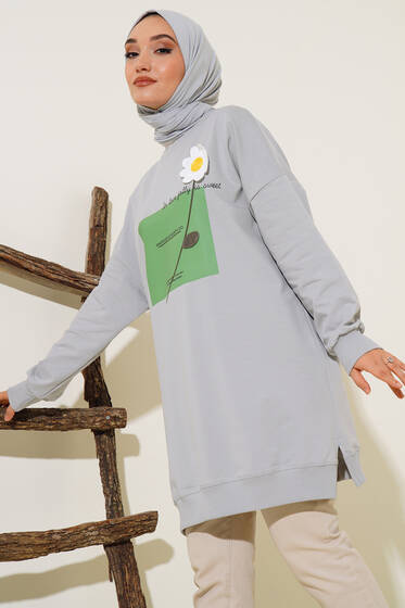 Papatya Süslemeli Tunik Gri - Tunik