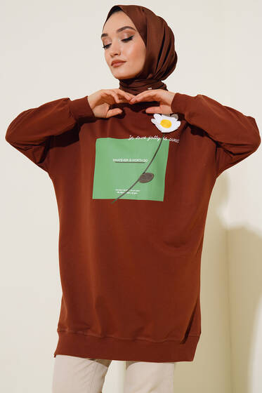 Papatya Süslemeli Tunik Kahve - Tunik