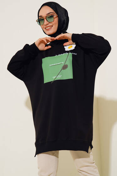 Papatya Süslemeli Tunik Siyah - Tunik