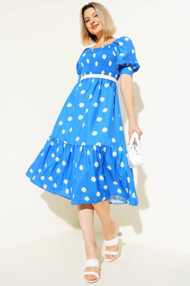 Papatyalı Gipeli Midi Elbise Mavi - Kadın Giyim Modelleri