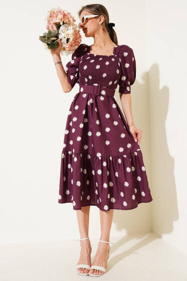 Papatyalı Gipeli Midi Elbise Mürdüm - Kadın Giyim Modelleri