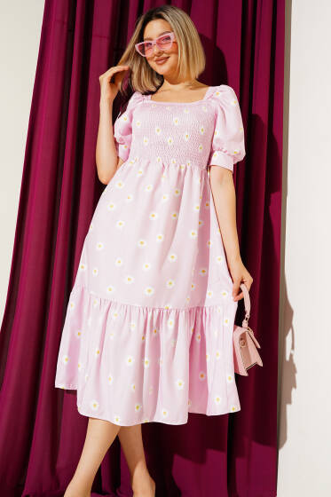 Papatyalı Gipeli Midi Elbise Pembe - Kadın Giyim Modelleri