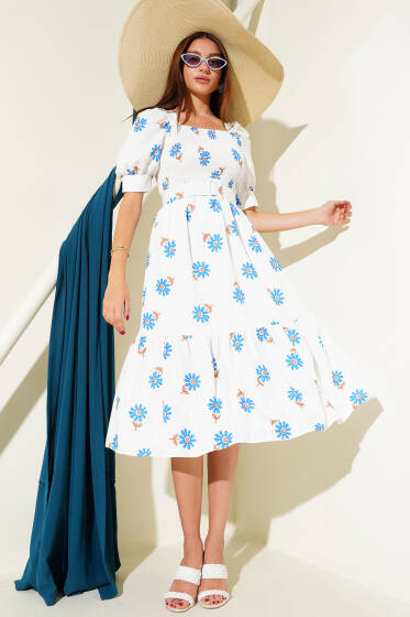 Papatyalı Gipeli Midi Elbise Saks - Kadın Giyim Modelleri