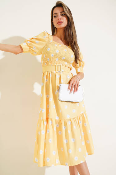 Papatyalı Gipeli Midi Elbise Sarı - Kadın Giyim Modelleri