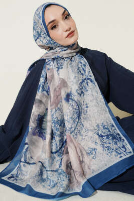 Papelya Desen Modal Liva Şal İndigo - MODA KAŞMİR