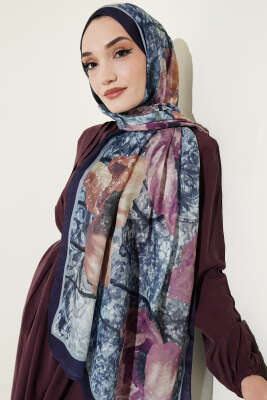 Papelya Desen Modal Liva Şal Lacivert - Başörtüsü