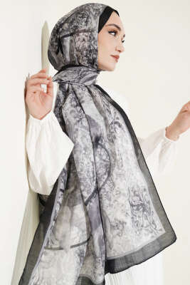 Papelya Desen Modal Liva Şal Siyah - MODA KAŞMİR