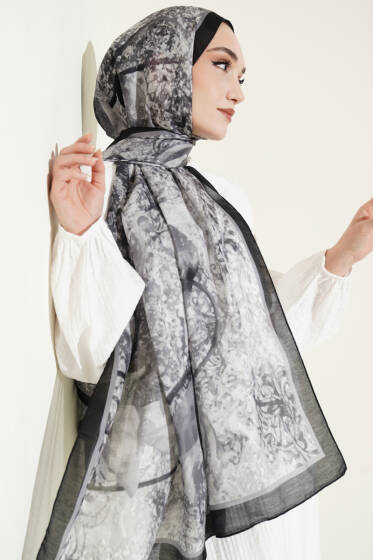 Papelya Desen Modal Liva Şal Siyah - Başörtüsü