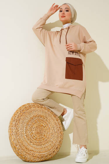 Paraşüt Cepli Kapüşonlu Tunik Bej - Tunik