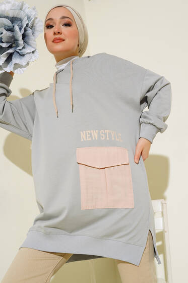Paraşüt Cepli Kapüşonlu Tunik Gri - Tunik