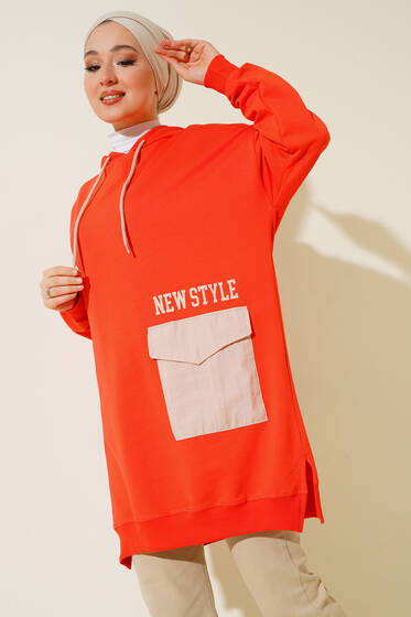 Paraşüt Cepli Kapüşonlu Tunik Oranj - Tunik