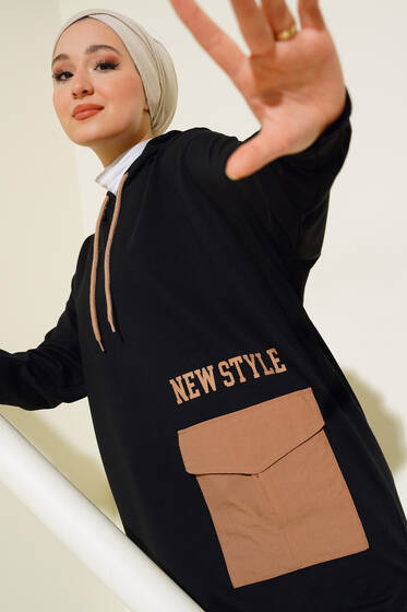 Paraşüt Cepli Kapüşonlu Tunik Siyah - Tunik