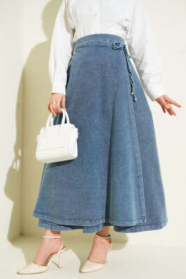 Parça Detaylı Bağlamalı Kot Etek Açık Mavi - ASME