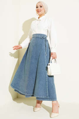 Parça Detaylı Bağlamalı Kot Etek Açık Mavi - Etek
