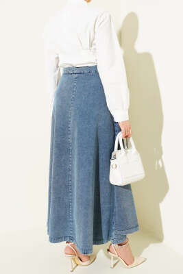 Parça Detaylı Bağlamalı Kot Etek Açık Mavi - Etek