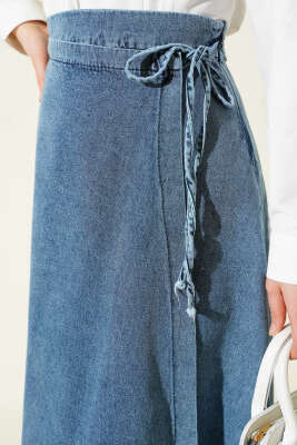 Parça Detaylı Bağlamalı Kot Etek Açık Mavi - Etek